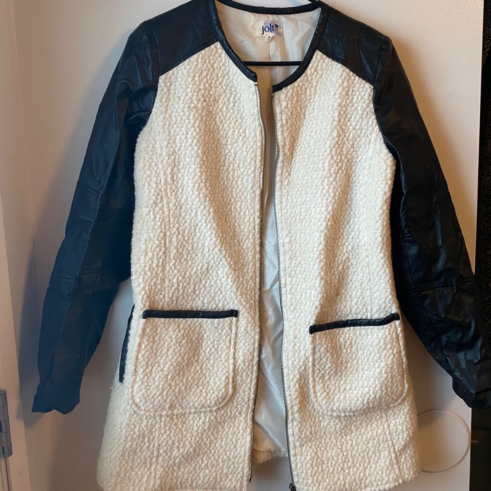 White/Black Fancy leather/Fur Pea Coat